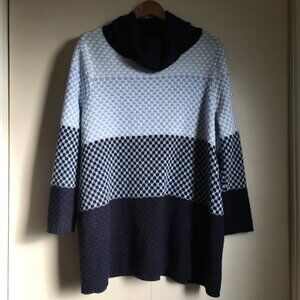 Alia Petite Blue Checkered Knit Cowl Neck Pullover Sweater LP